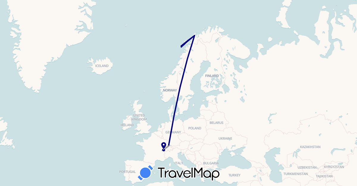 TravelMap itinerary: driving, plane in Switzerland, France, Norway (Europe)